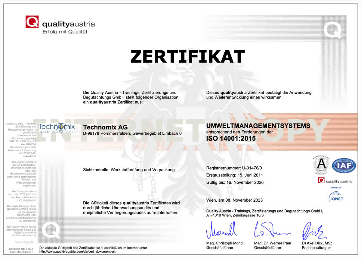 Technomix AG: DIN EN ISO 14001:2015