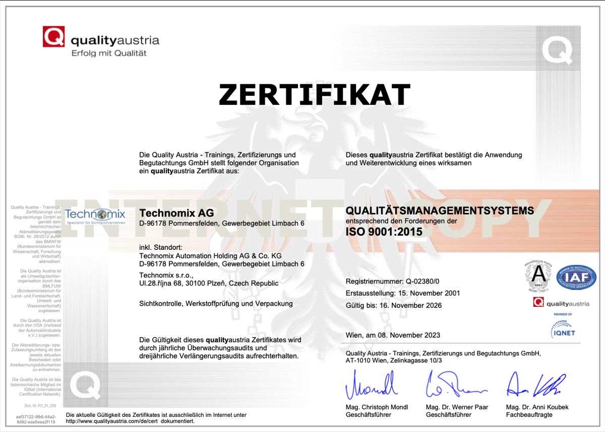 Technomix AG: DIN EN ISO 9001:2015